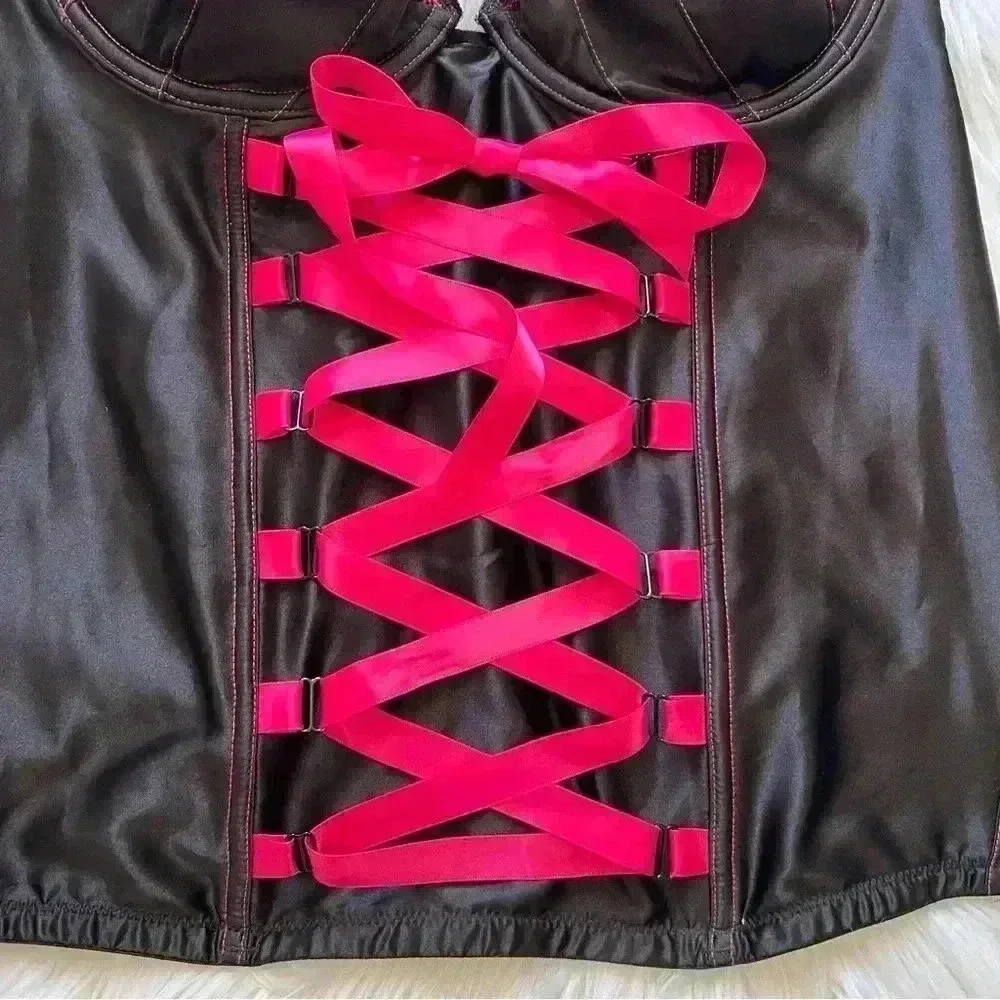 Cacique Corset Top Black Satin Neon Pink with Front Ribbon 14/16